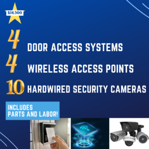 Your business will greatly benefit from this offer! With access points, you will experience uninterrupted wireless signals and not have to worry about losing service. With door access systems and security cameras, you are increasing security on your properties. If you want to catch the action, call General!